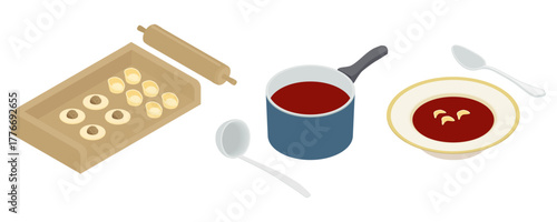Beet soup with dumplings, Polish traditional Christmas Eve dish - hand drawn isometric vector illustration.