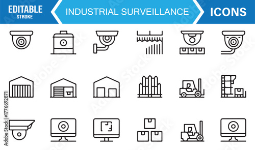Industrial surveillance icon set – editable stroke vector of CCTV cameras, warehouses, and security monitoring systems.