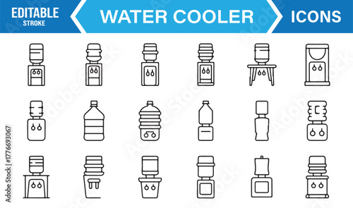 Modern line icons of water cooler dispensers and bottles for office, cafeteria, or kitchen design.