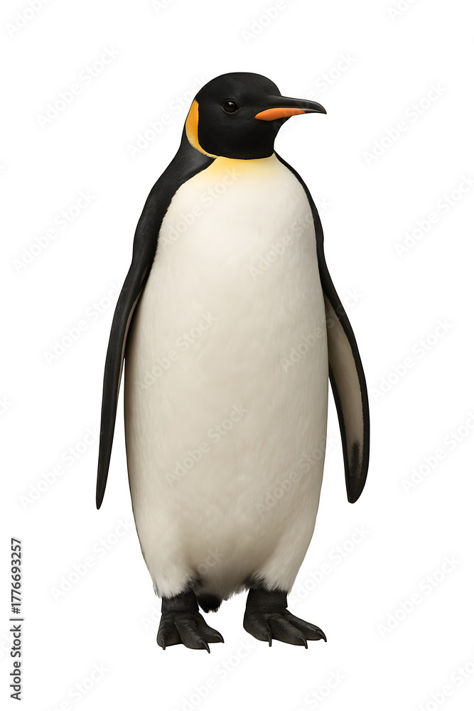 Fototapeta premium Striking Portrait of an Emperor Penguin Isolated on White Background