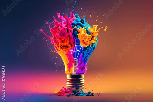 a colorful glowing idea bulb lamp, visualization of brainstorming, bright idea explode and creative thinking, rotation loop animation