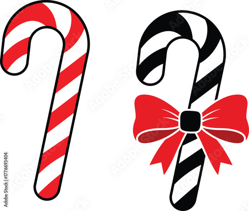 Christmas candy cane vector set with red bow and striped holiday sweets