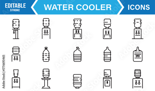 Office water cooler outline icons – editable stroke vector of dispensers, bottles, and refreshment units.