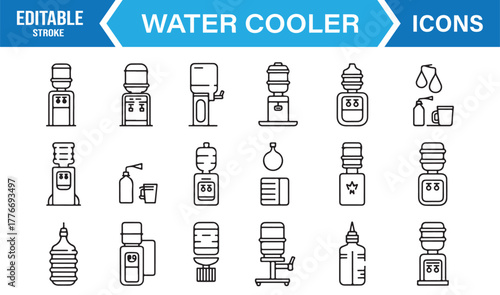 Water cooler icon set – outline vector of office dispenser, bottled water machine, and workplace hydration symbol collection.