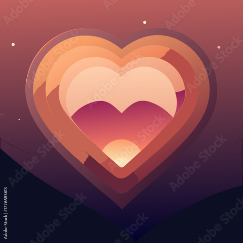 Heart shaped sunset over mountains with layered abstract design
