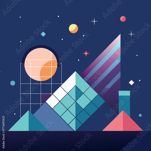 Abstract geometric landscape with planets and stars in a retro sci fi style