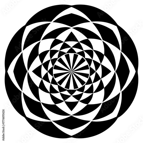 Intricate black and white geometric mandala pattern with radial symmetry
