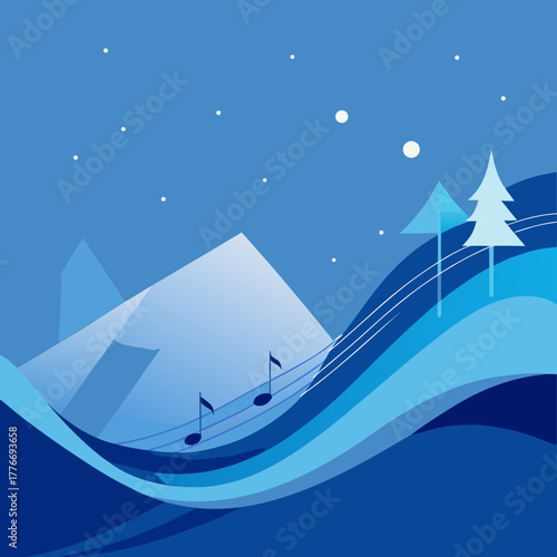 Winter landscape with musical notes and snowflakes under a starry sky