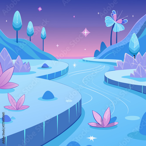 Enchanting alien landscape with glowing crystals and a winding river under a twilight sky