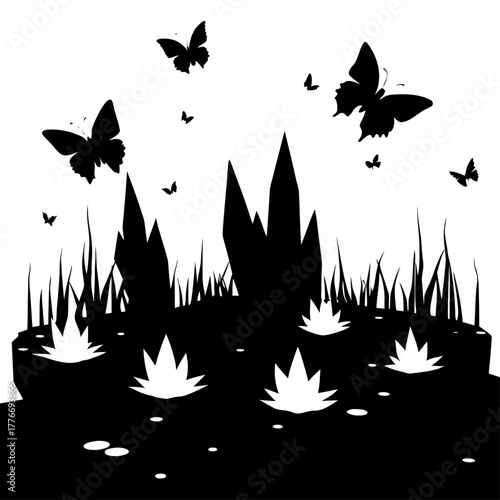 Silhouetted butterflies flutter above abstract grass and sharp plant forms