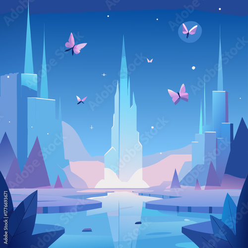 Enchanting futuristic cityscape with pink butterflies under a starry night sky