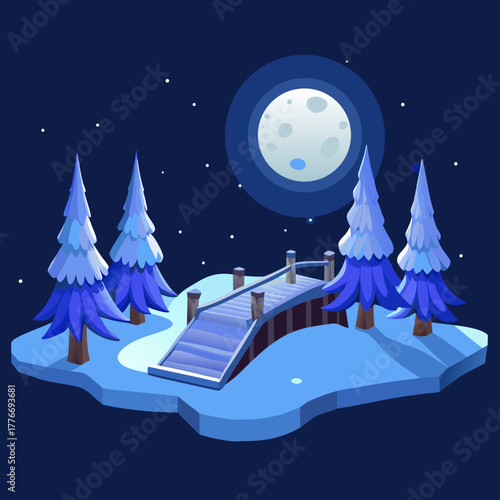 Enchanting winter night scene with a moonlit bridge and snow covered pine trees