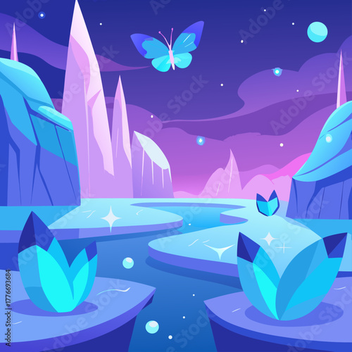 Enchanting alien landscape with crystal formations and a glowing butterfly