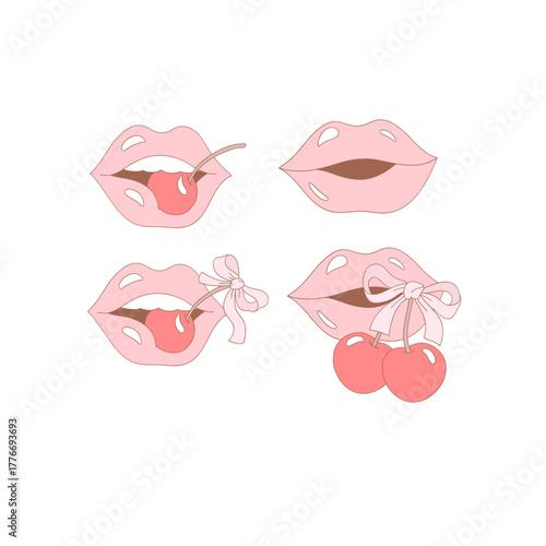 Pink Coquette Feminine Lips with Cherry Clipart Set, Retro Girly Valentine Day Illustration for Scrapbooking and Stickers