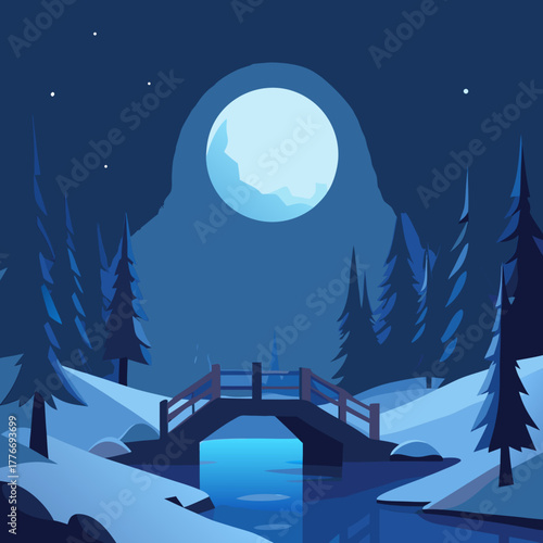 Serene winter night landscape with moonlit bridge over reflecting water