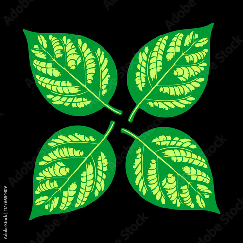 Four radiant green leaves arranged symmetrically, glowing with spiral veins—symbolizing natural rhythm, renewal, growth, balance, and eternal life’s flow.