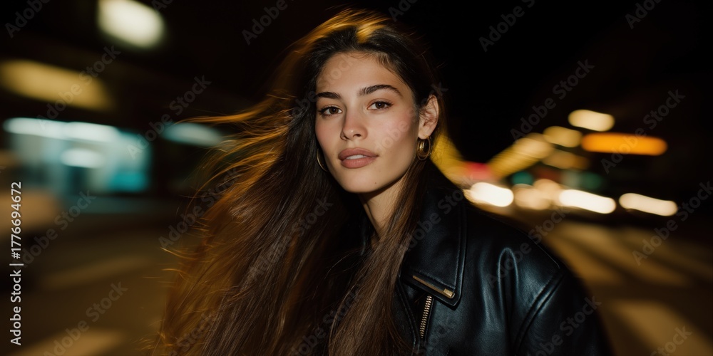 Fototapeta premium Young asian female in leather jacket poses at night with vibrant city lights