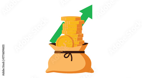 Growing wealth a bag overflowing with gold coins and rising chart