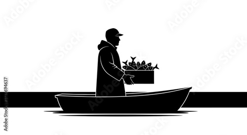 A silhouetted figure in a boat carrying a box of plants