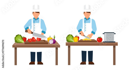 Two chefs preparing fresh vegetables on wooden cutting boards