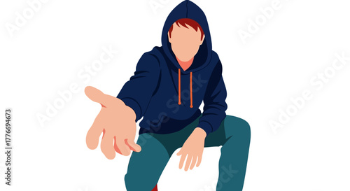 A faceless young man in a hoodie extending his hand forward