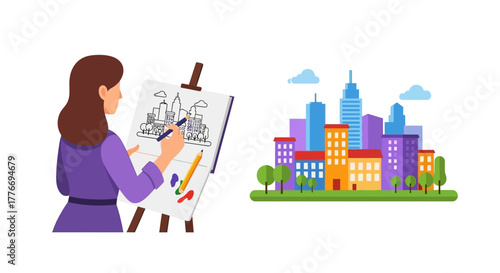 Woman artist sketching a cityscape with a colorful city in background