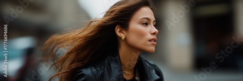 Young caucasian female with flowing hair in urban environment
