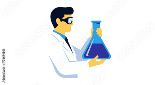 Scientist examining a blue liquid in a laboratory flask with focus