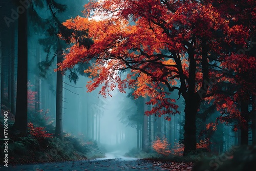 Autumn forest path with red leaves and fog high resolution photo