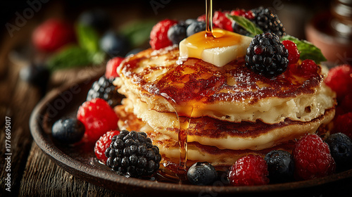 Close up pancakes with mixberry and honey from the top , breakfast photo.