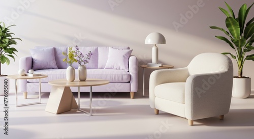 Serene pastel living room with plants