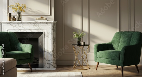 Cozy living room with green velvet chairs