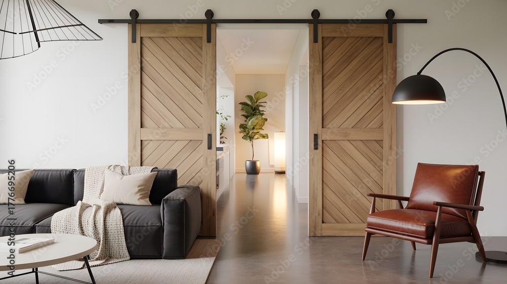 Fototapeta premium Modern Living Room with Dark Sofa and Brown Leather Chair by Barn Doors interior contemporary