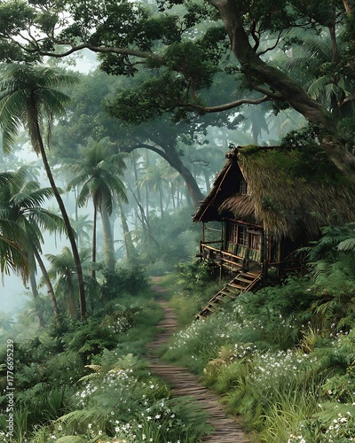 Bamboo house with thatched roof deep in jungle high resolution image