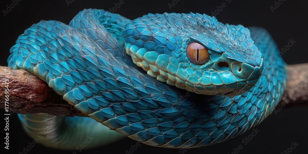 Fototapeta premium Close-Up of Vibrant Blue Viper Snake Coiled on Branch for Conservation Awareness