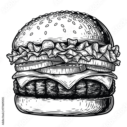 Hand drawn burger with sesame seeds
