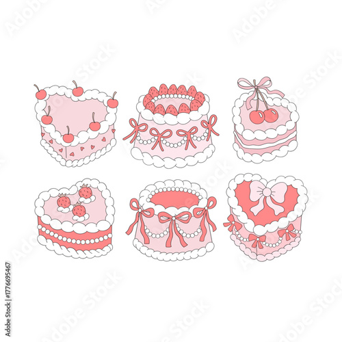 Cute Romantic Vintage Coquette Cherry Strawberry Cake Clipart Set, Retro Girly Valentine Day Illustration for Scrapbooking and Stickers