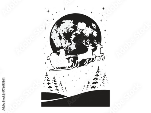 Reindeer pulling Santa’s sleigh across a moonlit winter night