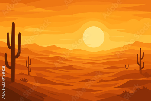 Sunset Desert Vista. Expansive desert landscape glowing under a golden vector illustration sunset, serene and vast tones capturing
