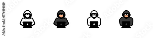 Hacker icon set. Cyber attack vector set. Hacker with laptop computer logo set. Internet security vector set.