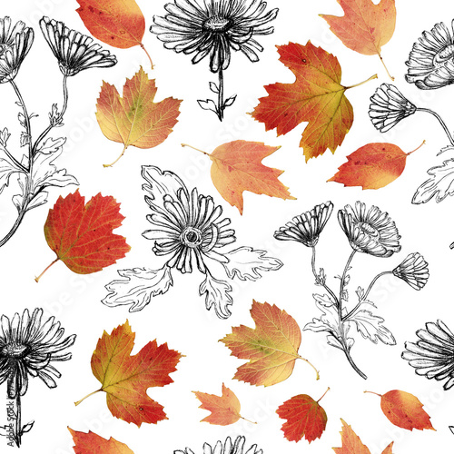 Seamless Pattern with Chrysanthemum and Leaves