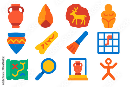 Cognitive Archaeology Icons. Flat vector icons of cognitive archaeology concepts: ancient artifact, stone tool, cave painting,
