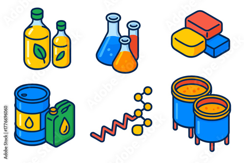 Oleochemical Isometric Icons. Isometric vector illustration set Oleochemistry: vegetable oil bottles, chemical lab glassware,