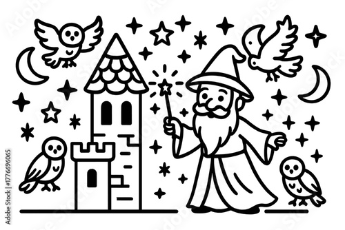 Wizard's Enchanted Spellcasting. Magical wizard casting spells near the castle tower with owls, stars, and sparkling moons, black