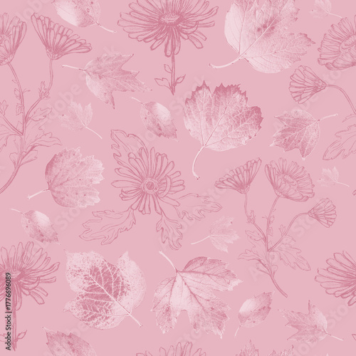 Seamless Pattern with Chrysanthemum and Leaves