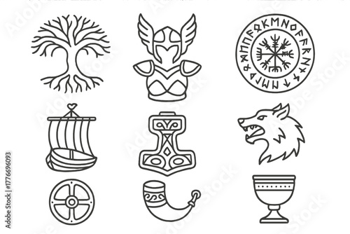 Nordic Mythology Icons. Line style icons of Nordic Myth: Yggdrasil Roots, Valkyrie Armor, Rune Circle, Longship Mast, Thor’s