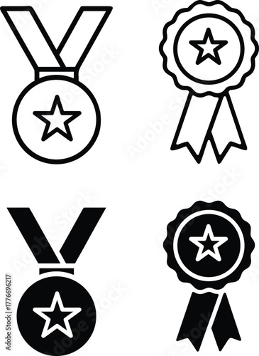 Award Medal and Ribbon Icons – Achievement and Excellence Symbol for Recognition Design or Vector Silhouette. .eps