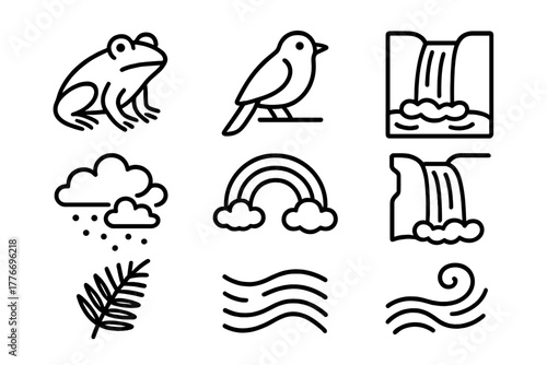 Wildlife Waterfall Icons. Line style icons of Wildlife Waterfall: Frog, Bird, Plunge Pool, Mist, Rainbow, Cliff Face, Fern,