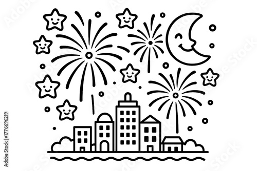 Playful Fireworks and Stars. Playful fireworks exploding in the night sky with smiling stars, moon, and a city skyline below,