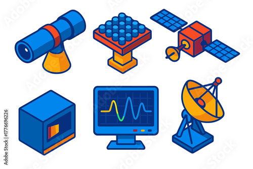 Space Observation Instruments. Isometric vector illustration set GRB Detection Instruments: space telescope, gamma-ray detector